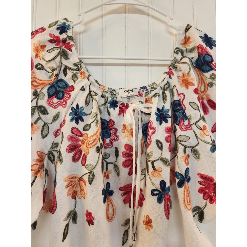 Kindred Womens 2X White Floral Embroidered Sheer Peasant Blouse Balloon Sleeve - Picture 4 of 12
